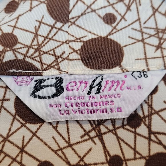 MCM Button Up Blouse Top Cream Brown Geometric Atomic Pattern Size 36 Small - Picture 3 of 11